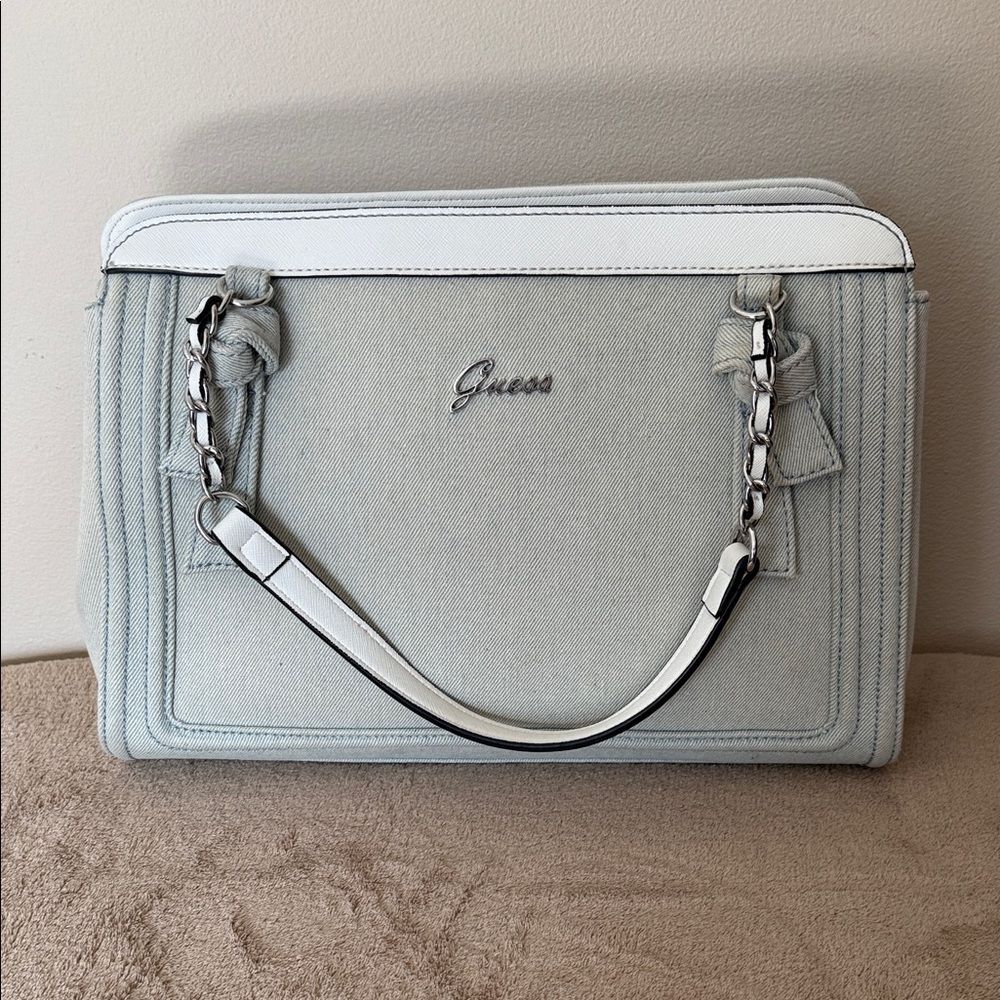 Guess Denim & White Saffiano Leather Satchel with Silver Chain Strap